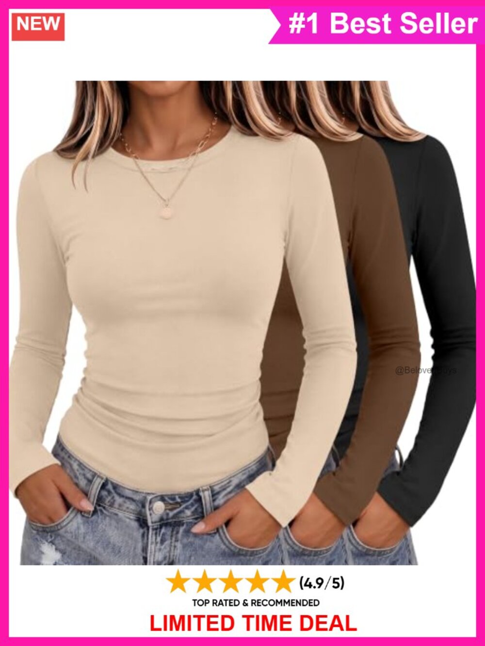 Womens Long Sleeve Slim Fit Crew Neck Tops 3 Pack Cotton Blend